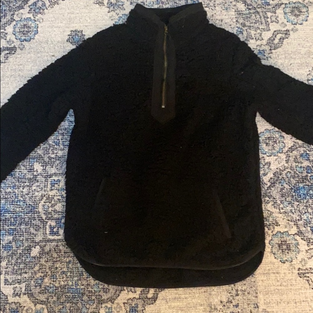 Black fuzzy half zip crew neck